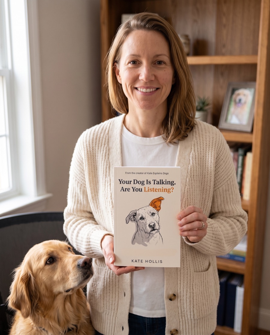Kate in a cream cardigan holding Your Dog Is Talking, with a golden retriever beside her.