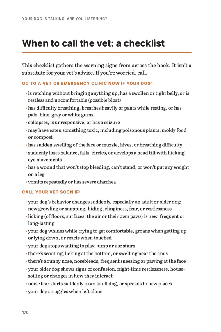 Book page: When to call the vet, a checklist.