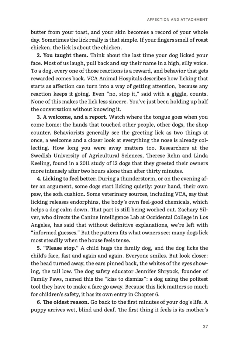 Book page listing reasons dogs lick, with named researchers.